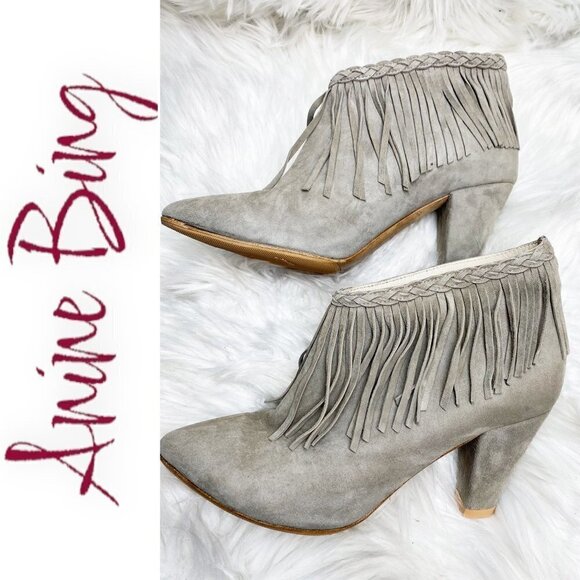 ANINE BING Irmelin Gray Suede Fringe Ankle Bootie, Size 37 - Picture 2 of 10